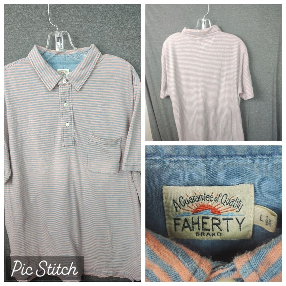 Faherty Polo Shirt Mens Large Pink Gray Stripes 100% Cotton Short Sleeve Casual